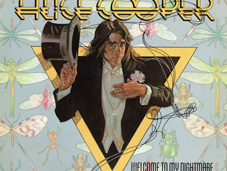 Illustrated album cover showing Alice Cooper in a tuxedo inside a yellow triangle, surrounded by stylised insects and surreal artwork.
