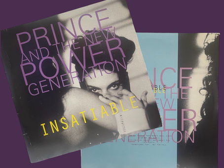 Cover art featuring Prince in monochrome with bold purple and yellow typography for “Insatiable” and “Prince and the New Power Generation.”