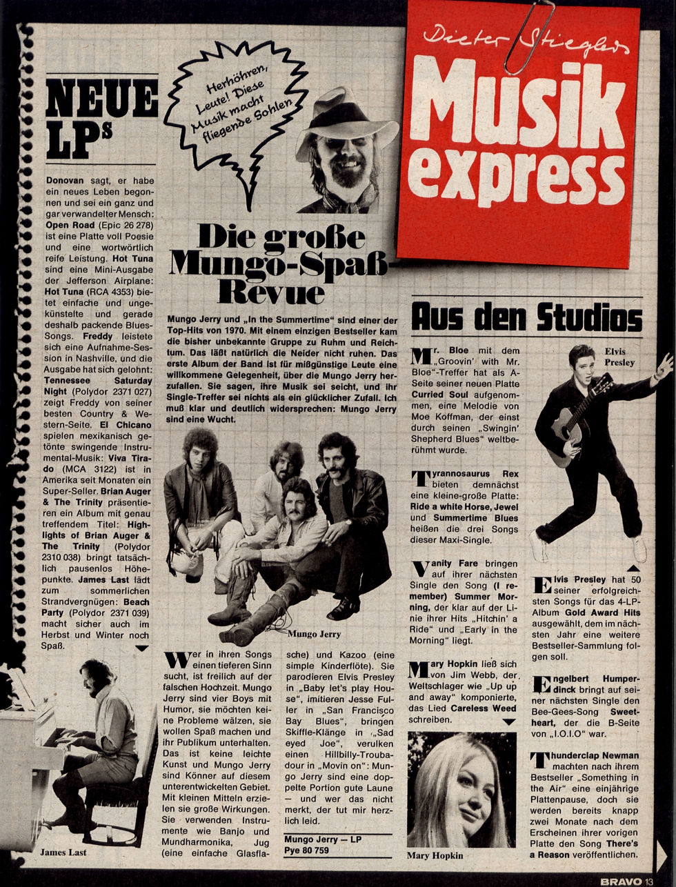 Tyrannosaurus Rex (September 4, 1970) – “Ride a White Swan / Summertime Blues” Maxi Single Mention – Bravo Musik Express