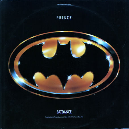 “Cover of Prince’s 1989 single ‘Batdance’, featuring a large metallic gold Batman logo with Prince’s name above and soundtrack credits below.”