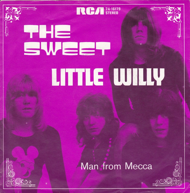 Cover art for The Sweet's single "Little Willy" from the Netherlands, released under RCA Victor with catalogue number 74-16179.