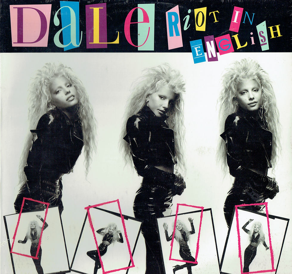 Cover of Dale Bozzio’s 1988 album Riot In English, featuring multiple black‑and‑white portraits of Dale with colourful ransom‑style lettering.