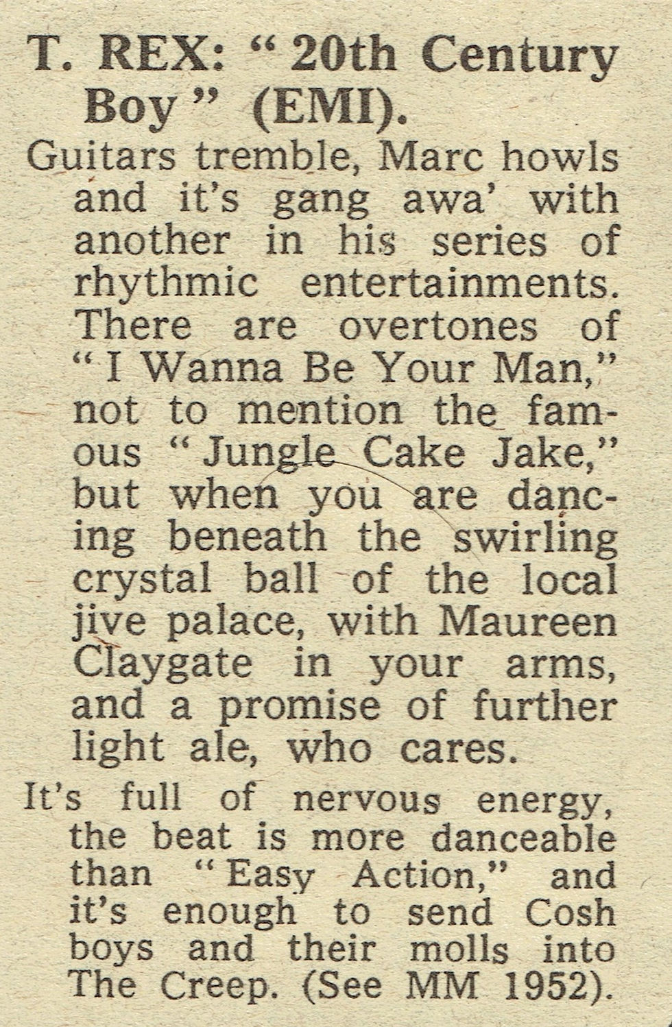 A vintage newspaper single review of T. Rex’s “20th Century Boy,” featuring a bold headline and a column of text describing the song’s energy, danceability, and glam‑rock swagger.