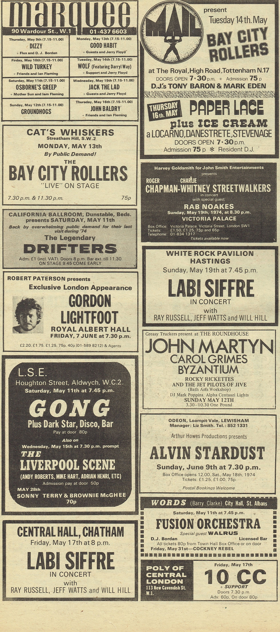 Various Artists (May 11, 1974) Concert Adverts Page – UK Music Press
