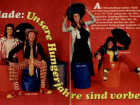 A series of BRAVO magazine pages featuring Slade in theatrical costumes, apartment scenes with Noddy and Don, and archival photos from their early “skinhead” era, accompanied by German‑language text recounting their early struggles and breakthrough.