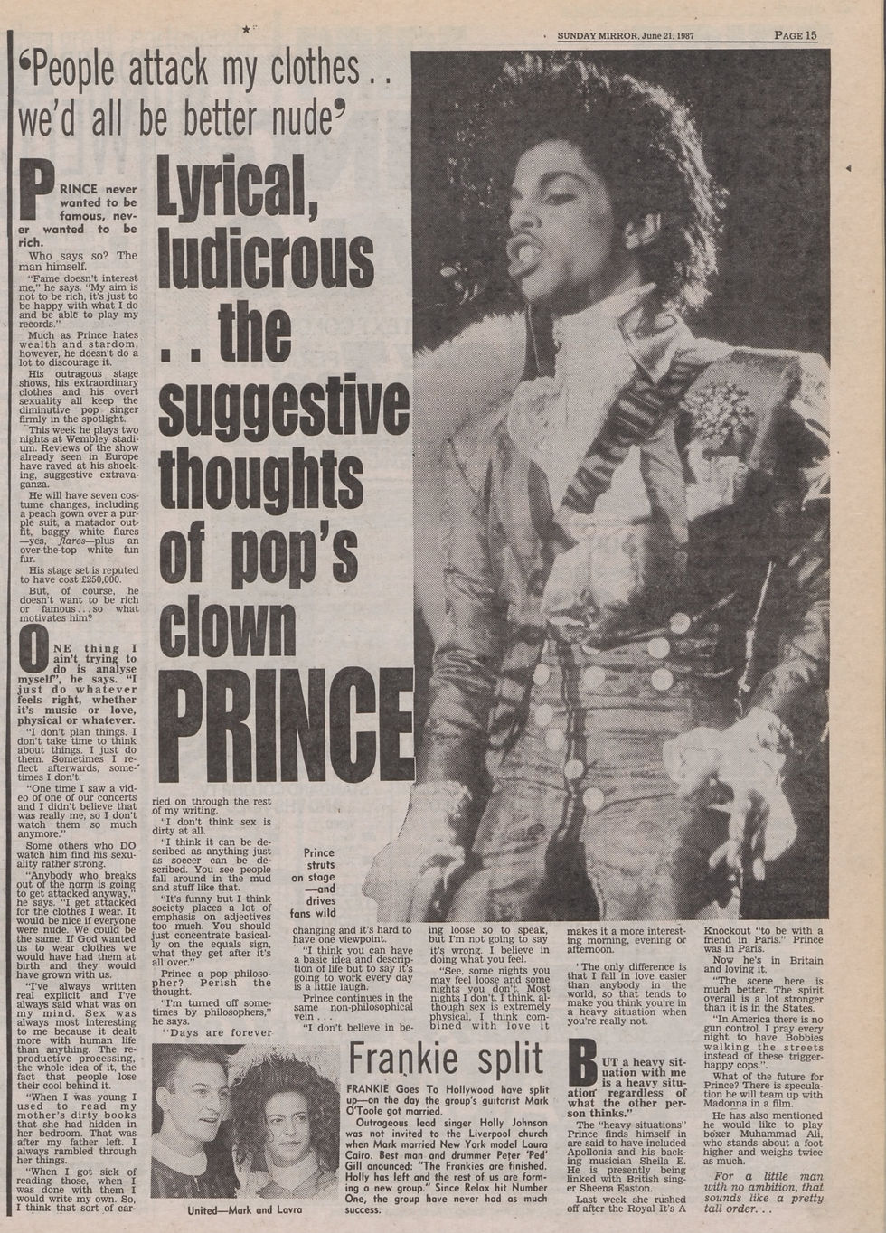 Prince (June 21, 1987) “Lyrical, ludicrous..." Feature – Sunday Mirror