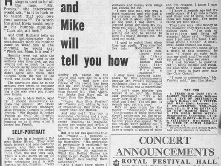 A scanned 1965 newspaper page featuring a column titled “disc date by Maureen Cleave.” At the centre is a black‑and‑white photograph of Marc Bolan and Mike Pruskin seated together. Text columns surround the image, along with printed concert announcements and a Top Ten singles chart.