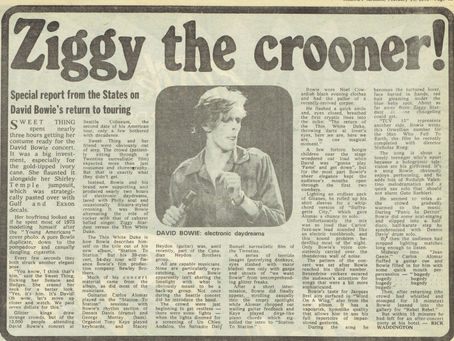 A Melody Maker article titled “Ziggy the Crooner!” featuring a photo of David Bowie performing during his 1976 tour.