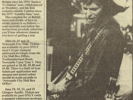 A black‑and‑white newspaper advert from Sounds dated February 25, 1978. It features a photo of David Bowie performing and a detailed breakdown of his 13‑date British tour, including dates, venues, ticket prices, postal application instructions and band lineup.