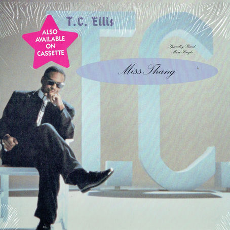 Cover of the T.C. Ellis single “Miss Thang,” featuring the artist seated in a suit with large stylized “T” and “C” initials behind him and a purple oval title graphic.
