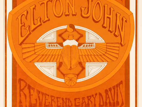 A vintage 1970 concert poster with bold orange and red psychedelic artwork, featuring Elton John, Reverend Gary Davis, and Dreams performing at the Boston Tea Party on October 29–31, with an Egyptian‑style winged figure at the center.