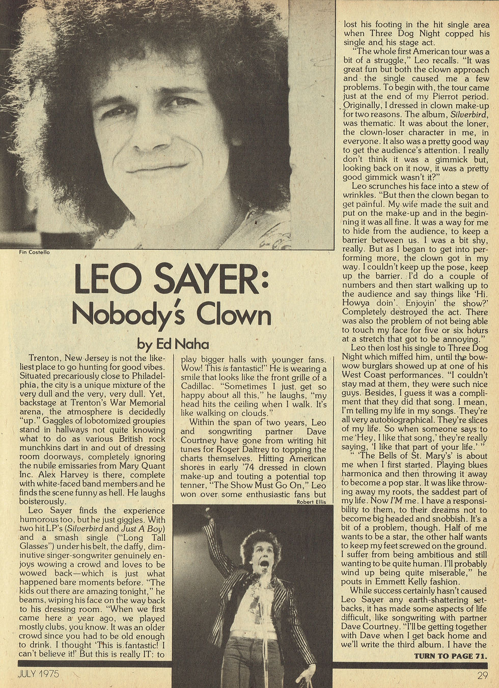 Leo Sayer (July 1, 1975) "Nobody's Clown" – Creem Magazine