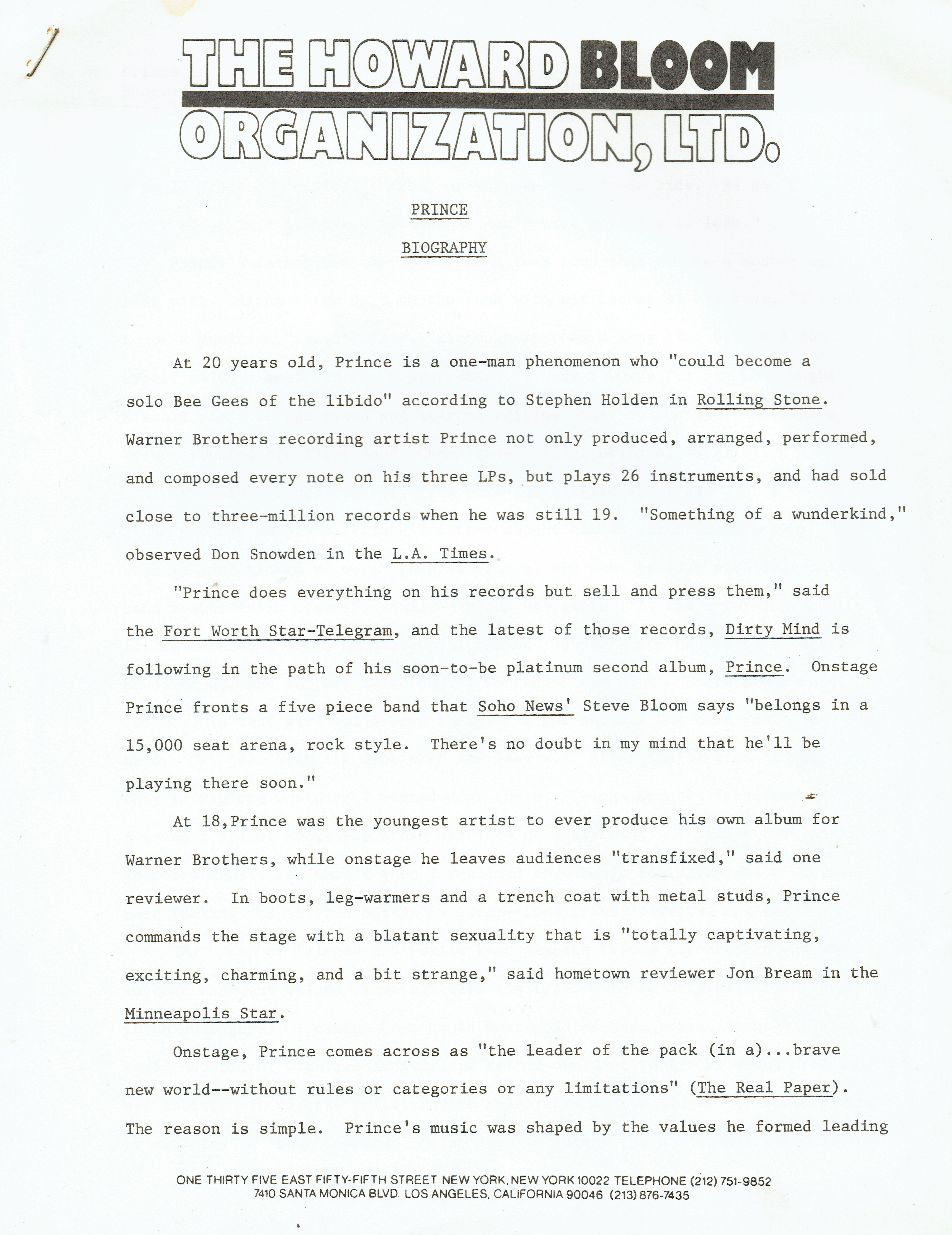 Dirty Mind US Press Kit 3 Pages Text and 3 Glossy's Prince 1980