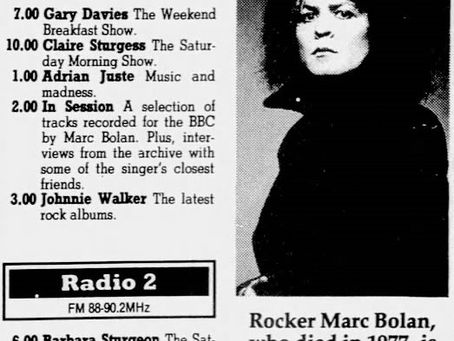 Marc Bolan (October 8, 1993) – “Rocker Marc Bolan Remembered on Radio 1” Feature – Huddersfield Daily Examiner.