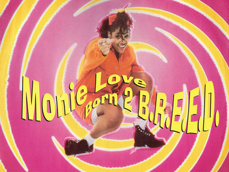Single cover featuring Monie Love against a vibrant spiral background for her 1993 release “Born 2 B.R.E.E.D.”