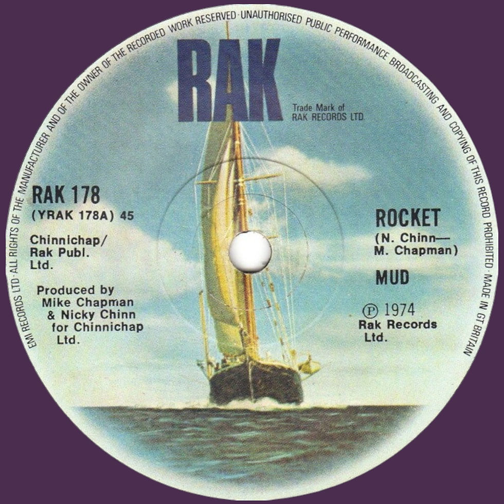 Vinyl label for "Rocket" by Mud, released in 1974 under RAK Records in the UK, catalogue number RAK 178, produced by Mike Chapman and Nicky Chinn.