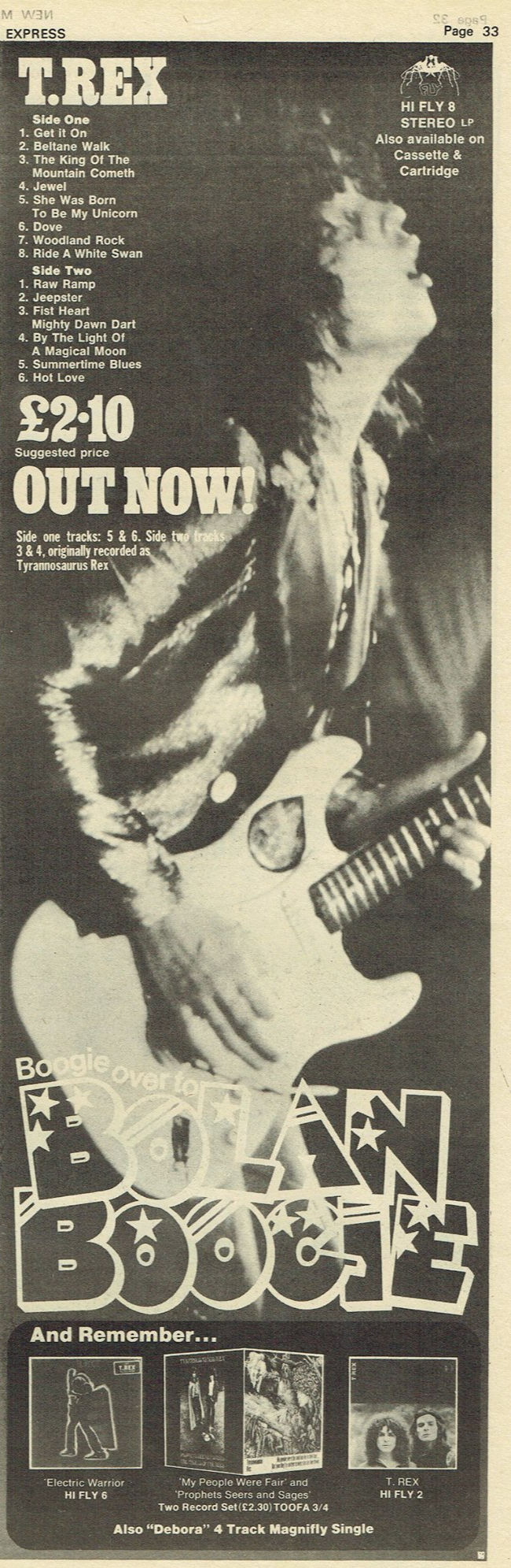 T. Rex – Bolan Boogie half‑page advert, New Musical Express, May 6 1972 (Fly Records release)