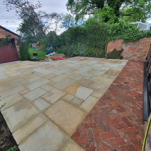 indian stone patio and brick herring bone