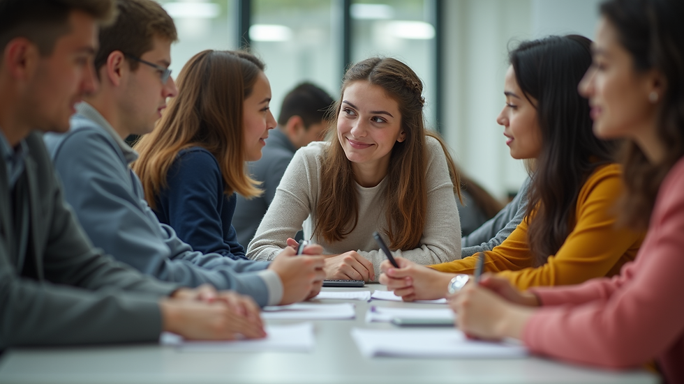 Eye-level view of a diverse group of students engaged in a collaborative learning activity