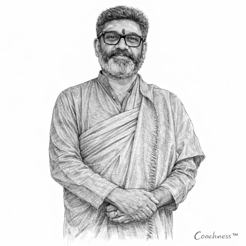 Pencil sketch of a bearded man in glasses and a draped garment, hands clasped, standing calmly on a white background; Coachness watermark