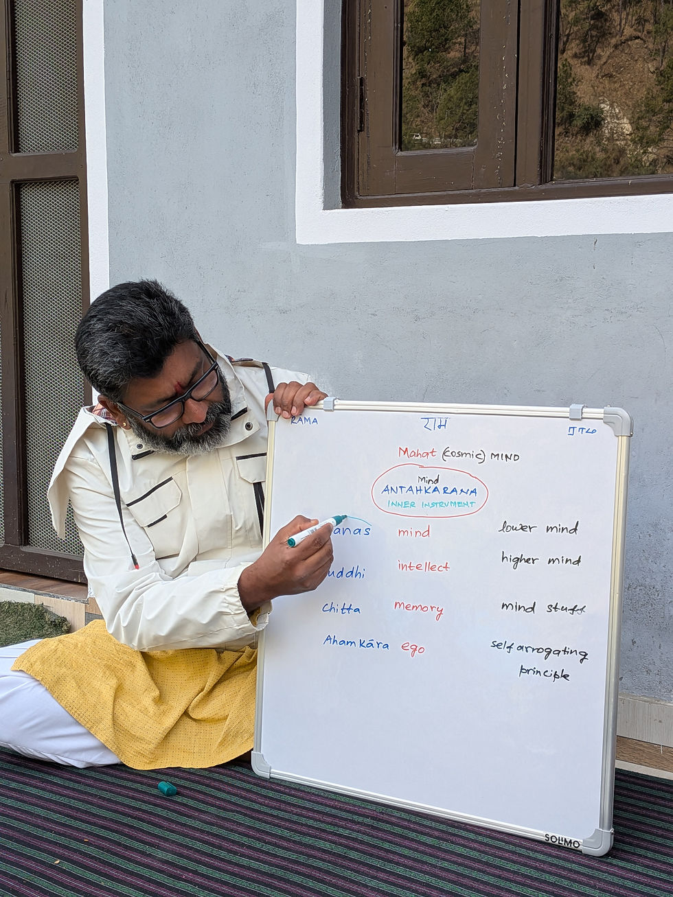 Bearded man in white shirt and yellow dhoti points at a whiteboard aboutA mind concepts outdoors beside a gray wall.