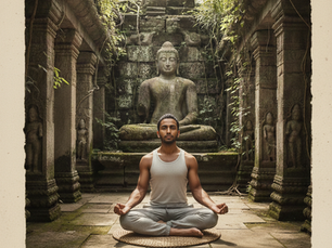 A person meditating in a serene stone temple, sitting cross-legged on a mat. A large Buddha statue is in the background, surrounded by greenery.
