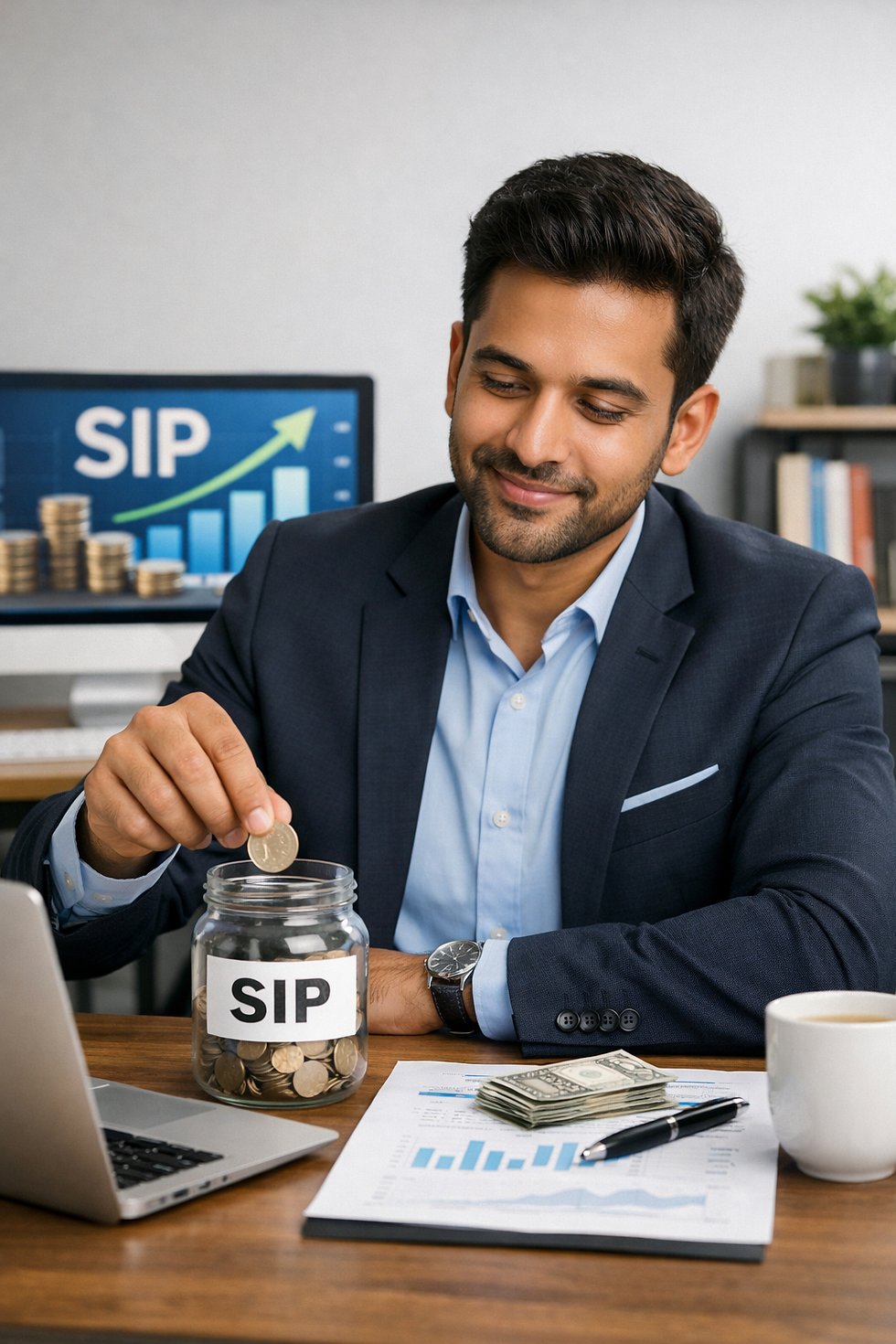 Man in suit drops coin into "SIP" jar at desk with laptop, papers, and cash. Graph and "SIP" text on screen in background, smiling mood.