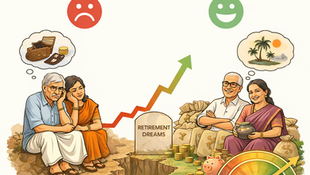 Two couples: one sad with an empty wallet, the other happy with vacation dreams. "Retirement Dreams" tombstone, savings growth chart.