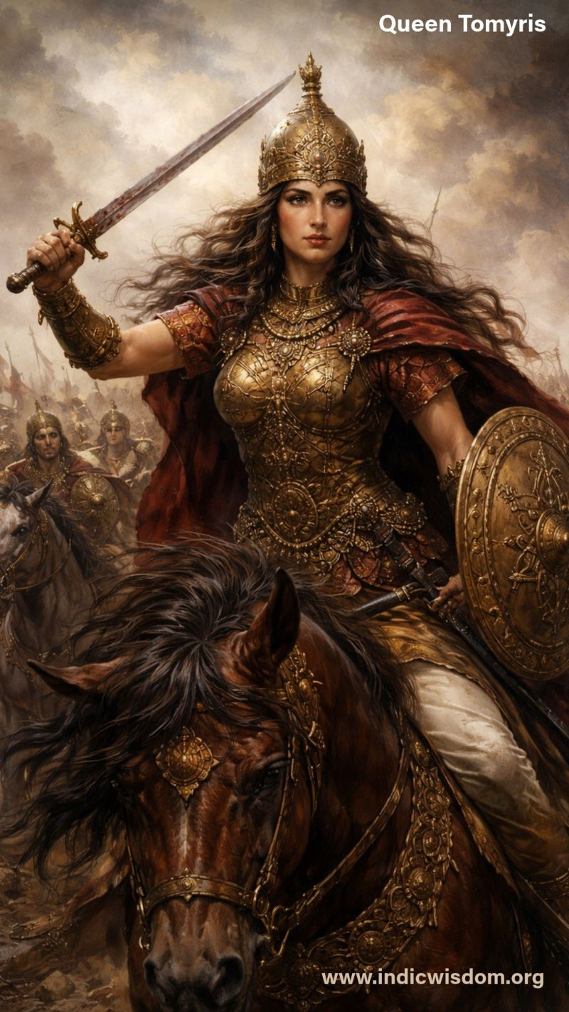 Warrior queen on horseback in ornate armor, wielding a sword and shield. Battle scene in the background. Text: Queen Tomyris, www.indicwisdom.org.