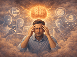 Man with closed eyes holds head, surrounded by cloud-like figures using devices. Glowing brain, clock, and dollar symbols float above.