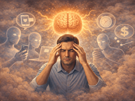 Man with closed eyes, holding head, surrounded by glowing brain and abstract figures with phones in cloudy background. Emphasizes stress.