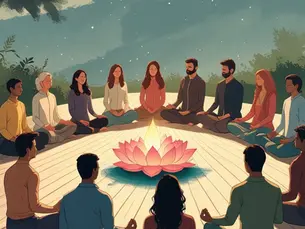A diverse group of people meditates around a glowing lotus on a wooden deck, surrounded by trees and a serene, starry sky.