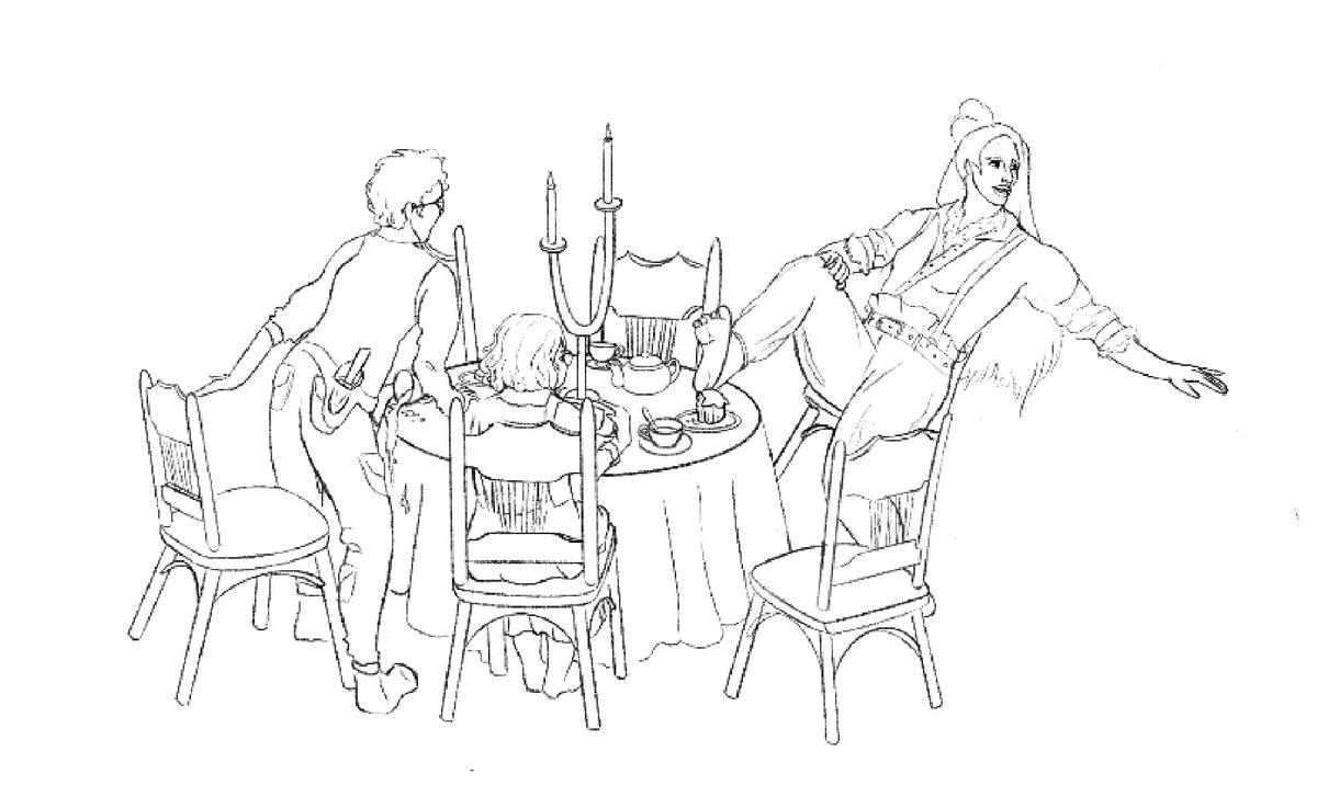Work in progress of four friends at a tea party interrupted by a rainbow portal.