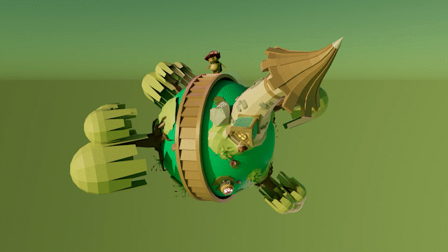 A frog wizard walking on his planet with low-poly plants, a wizard tower, and cauldron.