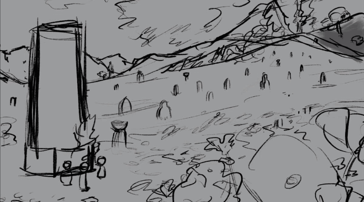 Work in progress of illustrated graves in a poppy field with a fire and a goddess statue