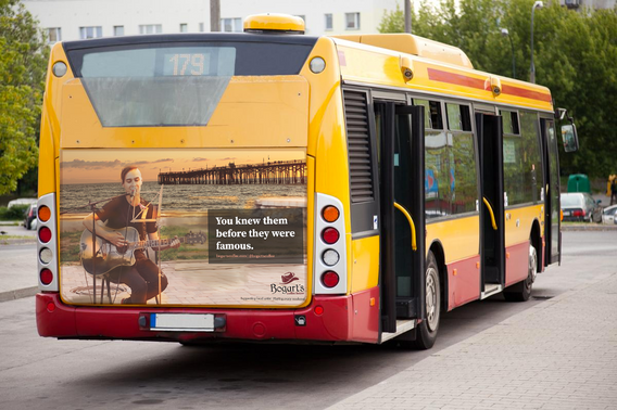 Concept of a bus advertisement featuring an artist for Bogart's Coffee.