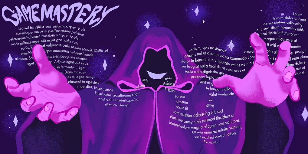 Zine layout with cloaked figure and hands with greeking text.