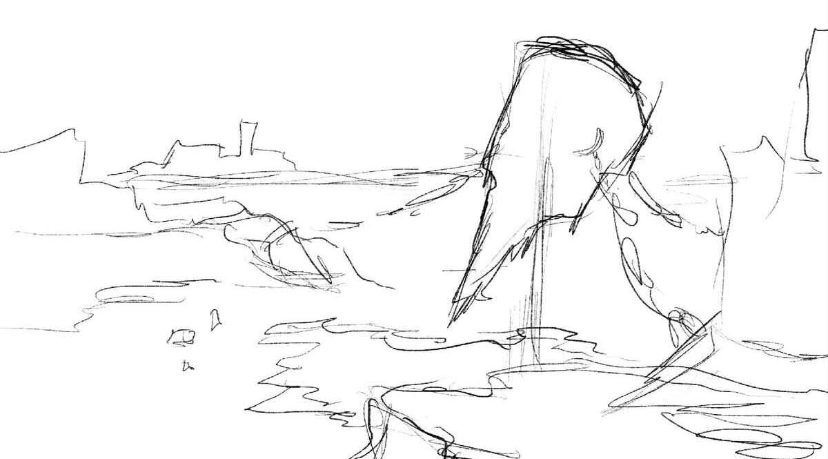 Work in progress of an illustrated desert with a chained, floating island and motorcycle.