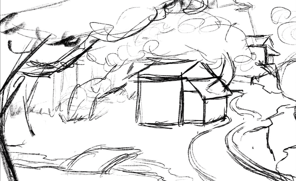 Work in progress of abandoned coastal home illustration.