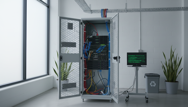 Close-up view of a validator machine inside a ventilated metal enclosure.