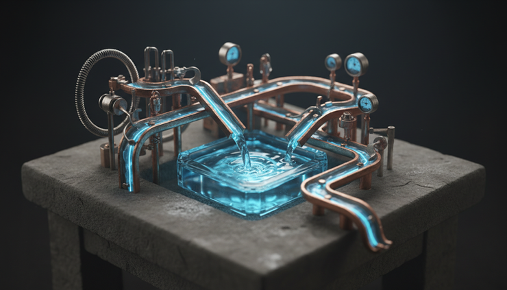 Close-up view of small metal liquidity channels feeding into a clear central pool.