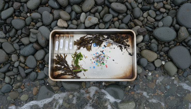 Overhead view of a shoreline cleanup tray with water samples, plant material, and small collected plastic fragments.
