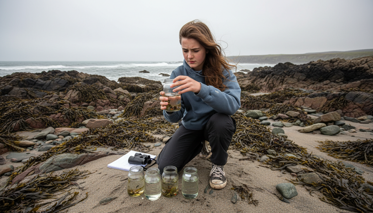 Wide-angle view of a young student examining water samples beside a quiet Irish shoreline.