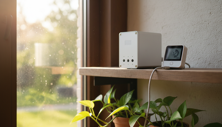 Eye-level view of a small hardware node powered near a window with sunlight.