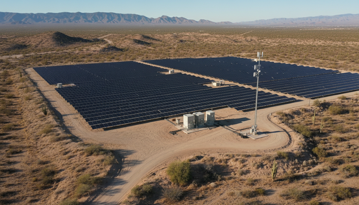 Aerial view of a desert solar installation near sparse communication equipment.