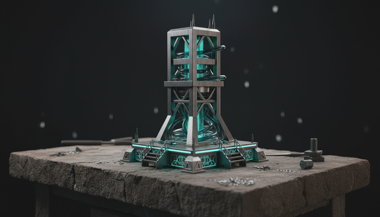 Wide-angle view of a glowing physical Solana-inspired launchpad model on a stone workbench.