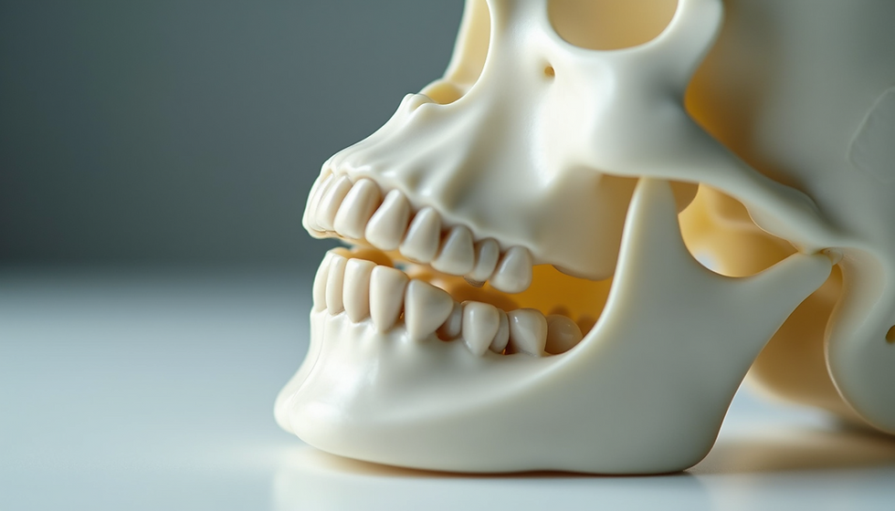 Primer plano de un cráneo blanco con dientes visibles, sobre fondo gris y cálido, con iluminación suave.