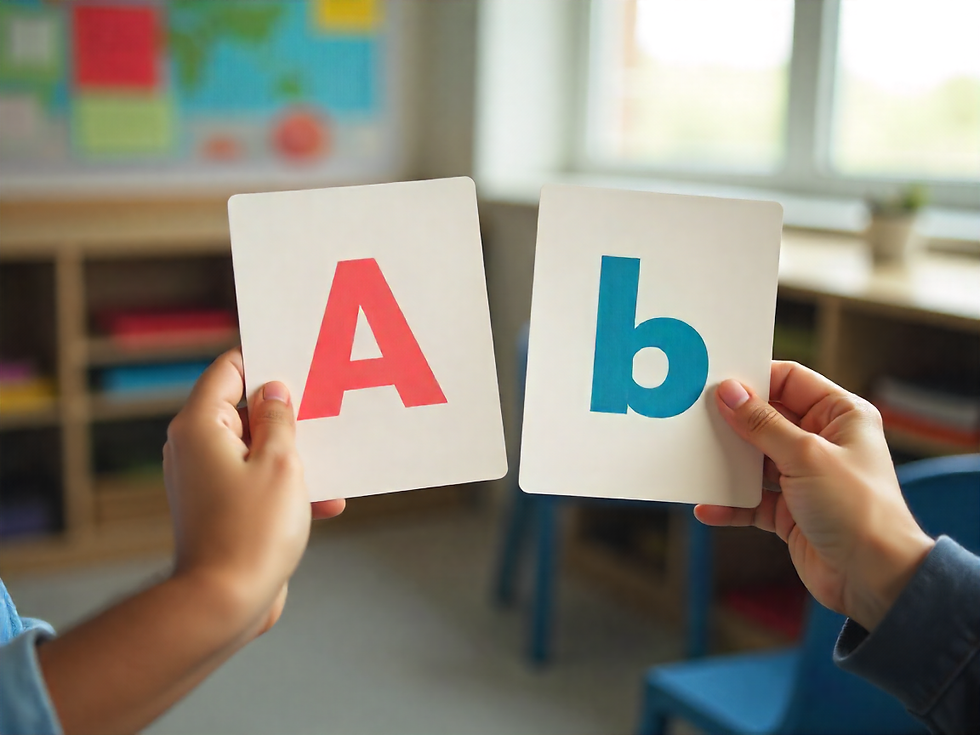 Manos infantiles sostienen tarjetas didácticas con letras A y B impresas en colores contrastantes, sobre una mesa escolar iluminada con luz natural.