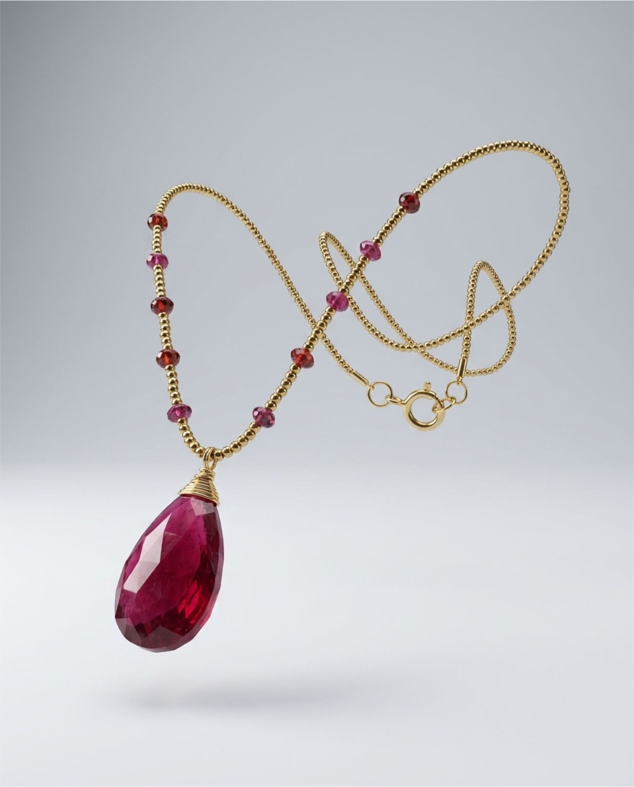 Indian Ruby and Garnet Dainty Beaded Pendant Necklace