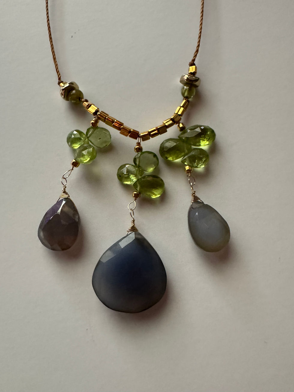 Thumbnail: Dark Blue Chalcedony and Peridot Three‑Strand Flower Drop